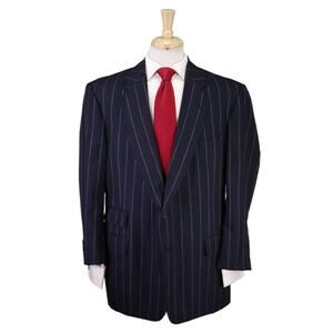 Edgar Pomeroy Bespoke Navy Blue Bold Stripes 2-Btn Wool Suit Handmade 44R